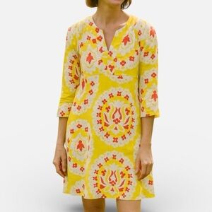 Boden Linen Kaftan Tunic Dress Yellow Red Floral Side Zip 100% 3/4 Sleeve Sz 4
